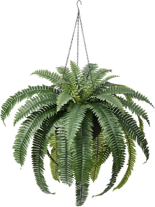 48" Artificial Boston Fern Hanging Plants with Basket - UV Resistant Fake Plant for Outdoor Indoor - Large Realistic Faux Greenery for Front Porch, Front Door, Patio Decor, Set of 1, VN142