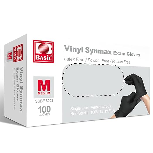 Jointown Basic Disposable Medical Synmax Vinyl Exam Gloves- 4 mil Safty Glove 100pcs - Latex-Free & Powder-Free - SGBE 8002, Medium (box of 100, Black)