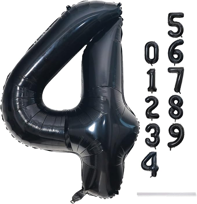 Black Number Balloons, 40inch Large Number 4 Foil Mylar Helium Balloons, Self Inflating Number Balloons 0-9 for Men Boys 4th 40th Birthday Anniversary Party Graduation Celebration Decoration Supplies