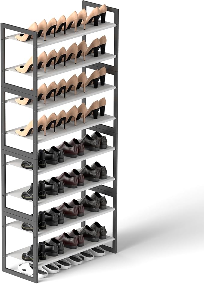 Shoe Rack for Closet & Entryway, Stackable 8-Tier Shoe Organizer, Welded Metal Frame, Semi-Assembled Fast Setup, 11.8" Deep Non-Woven Shelves, Space-Saving Shoe Storage, Black