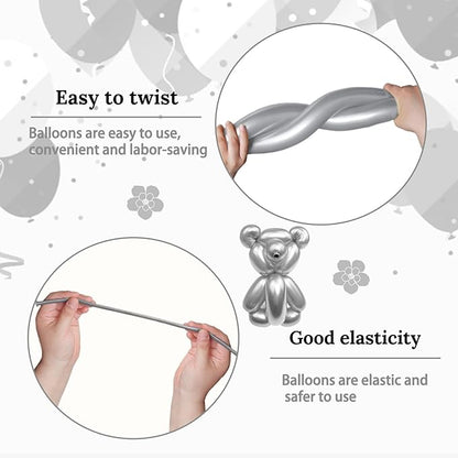 KAWKALSH 260 Metallic Silver Long Balloons for Balloon Garland Thickening Skinny Latex Twisting Animals Modeling Christmas Birthday Wedding Party Festival Decorations 100pcs