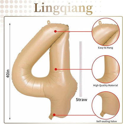 Nude Balloon Number 4, 40 Inch Large Self Inflating Brown Foil Number Balloons 0-9, Giant Apricot 4 Digital Helium Balloon for 4th 14th Girls Boys 40th Women Men Birthday Party Celebration Decorations