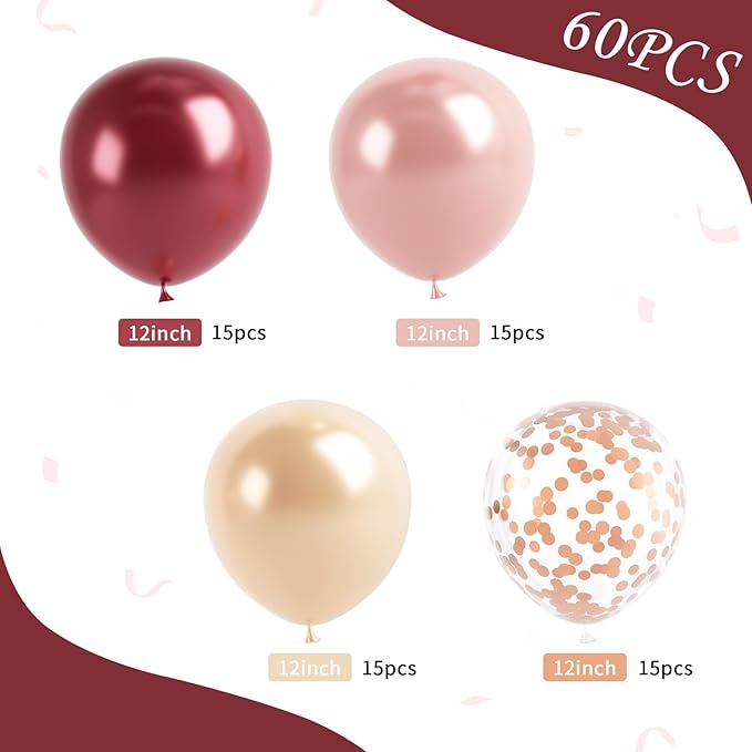 Burgundy Rose Gold Balloon, 60 Pcs 12 Inches Wine Red Champagne Confetti Balloons for Women Girls Birthday Wedding Bridal Shower Party Anniversary Decoration