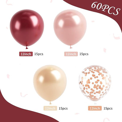 Burgundy Rose Gold Balloon, 60 Pcs 12 Inches Wine Red Champagne Confetti Balloons for Women Girls Birthday Wedding Bridal Shower Party Anniversary Decoration