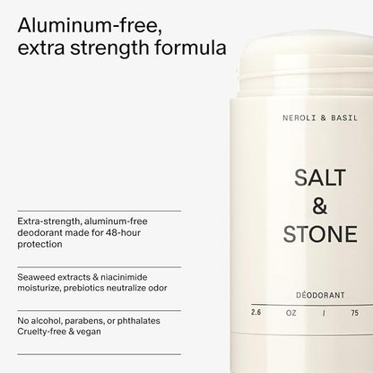 SALT & STONE Aluminum Free Deodorant | Extra Strength 48 Hour Protection for Women & Men | Made with Seaweed Extracts, Niacinamide & Prebiotics (Neroli & Basil)