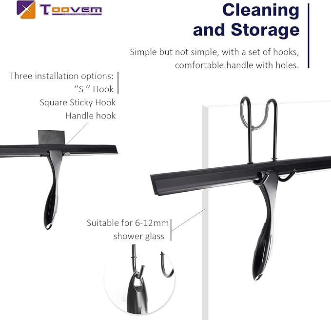 12'' Shower Squeegee, TOOVEM Squeegee for Shower Glass Door for Glass Doors, Windows, Bathroom, Car Windshield, Black