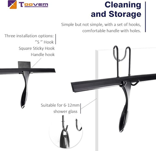 12'' Shower Squeegee, TOOVEM Squeegee for Shower Glass Door for Glass Doors, Windows, Bathroom, Car Windshield, Black