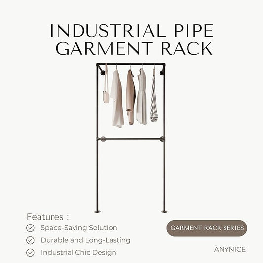 Industrial Pipe Clothing Rack, Heavy Duty Wall Mounted Clothes Rack,Retail Display Hanging Garment Rod for Laundry Room, Closet Storage - 14.6x37.4x82.7 Inches, Model K01