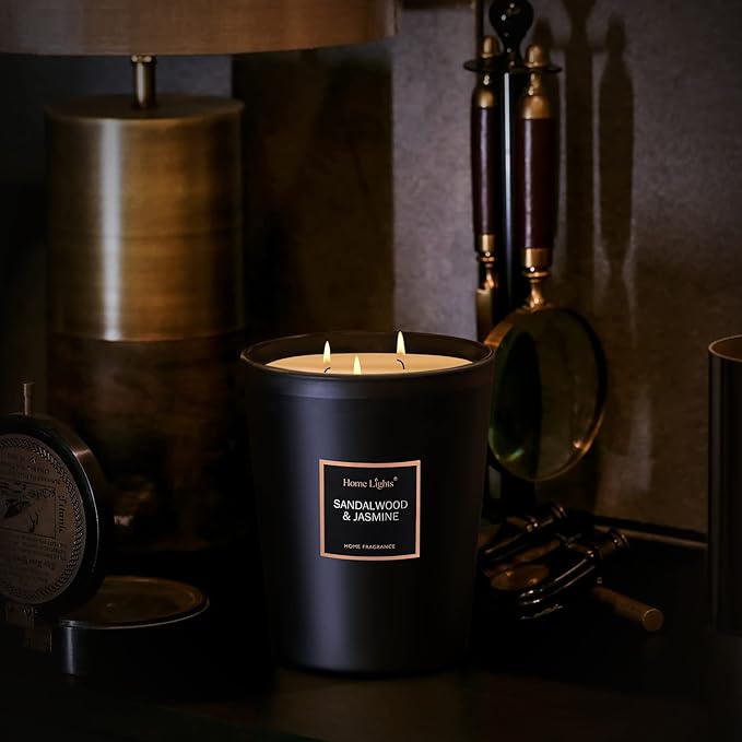 HomeLights Scented Candles | Large Jar 33.3 Oz Natural Soy Candle | 130 hrs with 3 Cotton Wicks, Sandalwood Jasmine Home Fragrance Candles Gift