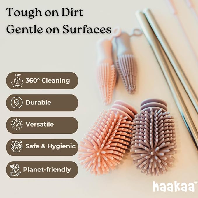 Haakaa Silicone Cleaning Brush Kit – Household Cleaning Brushes for Bottles and Crevices – Food-Grade Silicone: Dishwasher Safe (Brush-Blush)