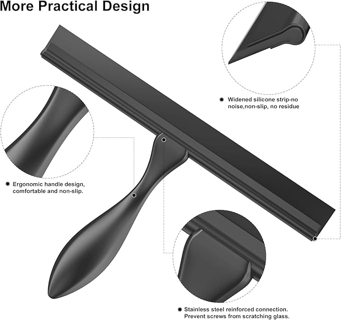 peafowl Shower Squeegee Stainless Steel Bath Squeegee for Shower Glass Doors Bathroom Windows Kitchen Mirror and Car Glass with Hooks Holder (14 inch, Black)