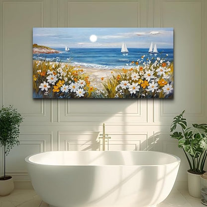 KELIYUAN Vintage Landscape Painting Home Decor Canvas Blue Ocean Beach Picture Print Wall Art For Living Room Farmhouse Dinin Mural White Flowers Bedroom Office Wall Decor Easy To Hang 20x40 Inches