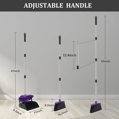 Broom and Dustpan Set, 51" Long Handle Broom with Dustpan Combo Set, Windproof and Self-Cleaning Teeth, Purple Household Dust Pan Set Sweep Kitchen Office Lobby Pet Room