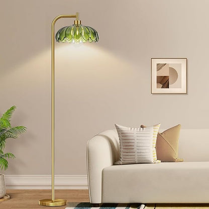 Glass Floor Lamp for Living Room,Bedroom,Gold Mid Century Modern Standing Lamp with Remote Dimmable,Boho Brass Tall Lamp Vintage Retro Green Arc Floor Lamps Flower Floor Light Bohemian