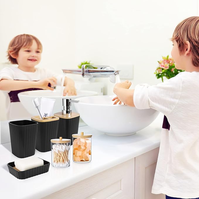 Bathroom Sets with Shower Curtain and Rugs,Black Bathroom Set with Bathroom Trash Can,Soap Dispenser,Toilet Brush,Toothbrush Set,Qtip Holders for Housewarming