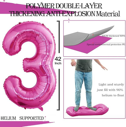 GOER Pink Foil Balloons Number 3,Huge Number Balloons for 3rd 33rd Birthday Party Supplies Anniversary Decorations(3 pcs,42 inch,32 inc,16inch)