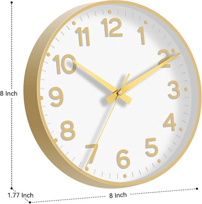Wall Clock, Silent Wall Clocks Battery Operated 8 Inch-Modern Non Ticking Analog Clock Decorative for Kitchen Office Bathroom Bedroom(Gold)