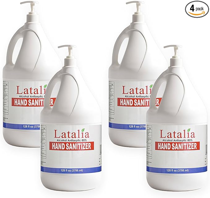 Latalia large Hand Sanitizer Pump 128 fl oz – Pack of 4 with 80% Alcohol Moisturizing Hand Sanitizer Refill Gallon for Home & Office, Unscented Clean Gel, Drying & Non-Sticky for Daily Hand Hygiene