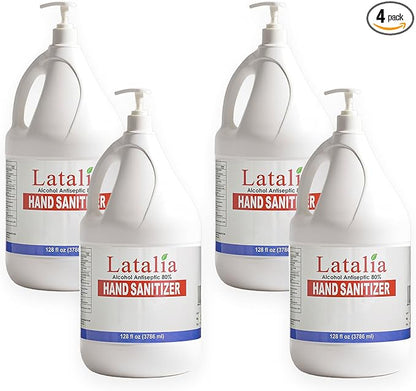 Latalia large Hand Sanitizer Pump 128 fl oz – Pack of 4 with 80% Alcohol Moisturizing Hand Sanitizer Refill Gallon for Home & Office, Unscented Clean Gel, Drying & Non-Sticky for Daily Hand Hygiene