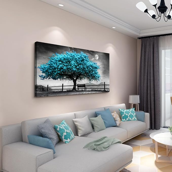 KELIYUAN Wall Art Black White Grey Background Home Decor Blue Tree Of Life Canvas Wall Painting Living Room Decor Office Bedroom Bathroom Corridor Decor Artwork, Can Be Hung Directly 24x48 Inches