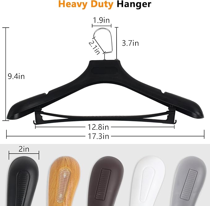 DEDU Suit Hangers for Men 10 Pack Width 17.7", Black Coat Hangers no Shoulder Bump Non Slip for Thick Sweaters, Plastic Extra Wide Shoulder with Pants Bar & Metal Hook