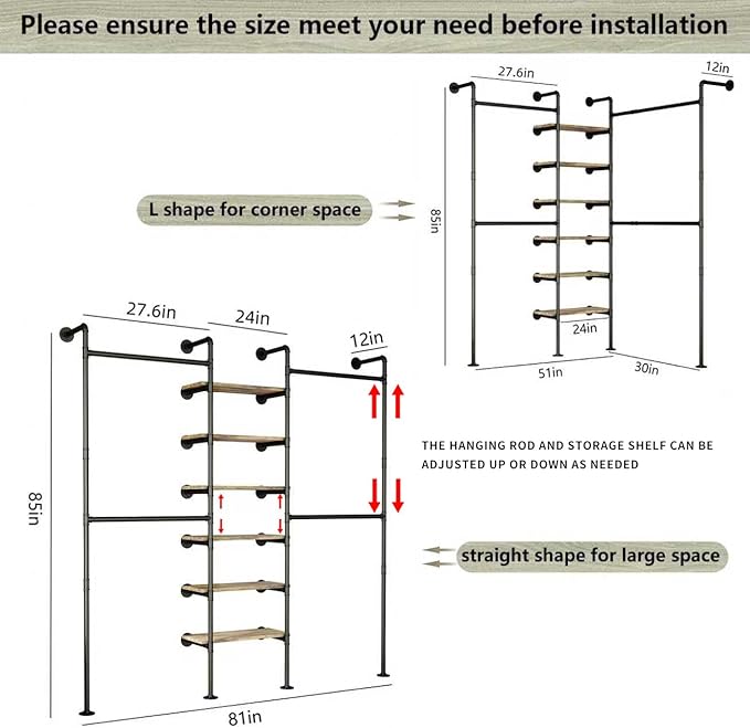 Industrial Pipe Clothes Rack, DÉCOR Wall Mounted Clothing Rack, for Walk-in Wardrobe Multi-Purpose Storage Clothes Hanging Shelf, 2 Installation Methods