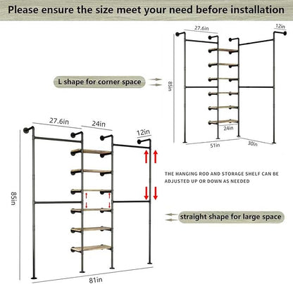 Industrial Pipe Clothes Rack, DÉCOR Wall Mounted Clothing Rack, for Walk-in Wardrobe Multi-Purpose Storage Clothes Hanging Shelf, 2 Installation Methods