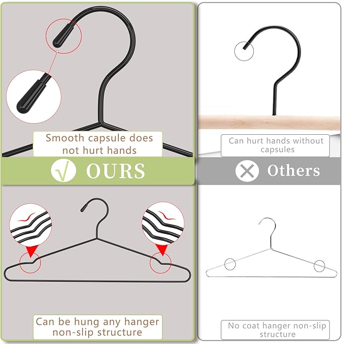 40Pack+5 Clips Luxurious Hanger Set ，16.69" Heavy Duty Matte Black Metal HangersWithstands 50lbs Weight Smooth Powder Coated Finish Compact Shirt Hangers