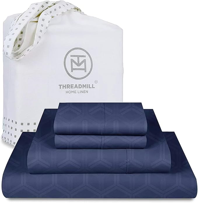 Threadmill 100% Cotton Sheets for Full Size Bed - 600 Thread Count Full Bed Sheets Set with 16” Deep Pocket - Jacquard Sateen Weave 4-Piece Bedding Set with Cooling Effect, Folkstone Blue