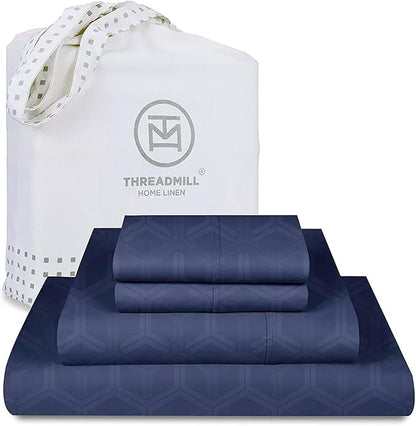 Threadmill 100% Cotton Sheets for Full Size Bed - 600 Thread Count Full Bed Sheets Set with 16” Deep Pocket - Jacquard Sateen Weave 4-Piece Bedding Set with Cooling Effect, Folkstone Blue