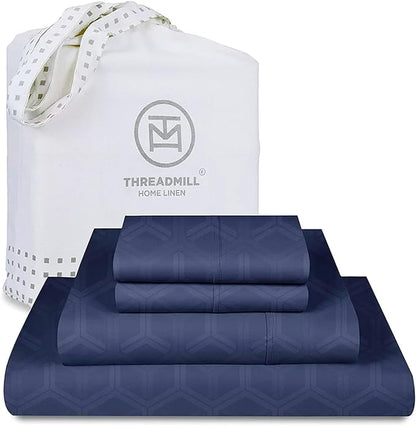 Threadmill 100% Cotton Sheets for King Size Bed - 600 Thread Count King Bed Sheets Set with 16” Deep Pocket - Jacquard Sateen Weave 4-Piece Bedding Set with Cooling Effect, Folkstone Blue