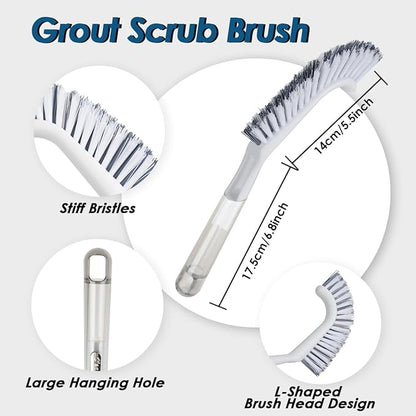 3 Pack Heavy Duty Bathroom Scrub Brush with Long Handle, Stiff Bristles Grout Brush, Scrub Brushes for Cleaning Bathroom, Shower, Tile, Tub, Carpet, Kitchen, Sink (Crystal Gray)
