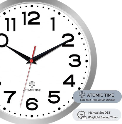 Atomic Wall Clock 14 Inch, Modern Clock Battery Operated Classic Analog Decorative for Kitchen, Living Room, Office, Bedroom, Bathroom (Silver)
