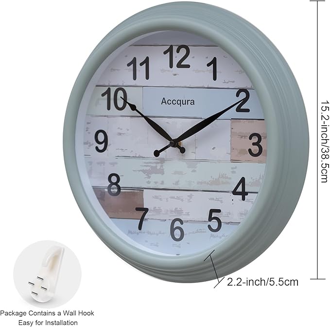 15 Inch Large Outdoor Clock Waterproof Wall Clocks Battery Operated Retro Indoor Outside Weatherproof Decor for Patio Garden Pool Porch Fence (Mint Green)