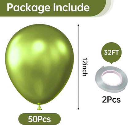 KALOR 12 Inch Metallic Lime Green Balloons, 50 Pcs Latex Helium Metallic Balloons for Kid's Birthday Party, Baby Shower, Wedding, Graduate Party Decorations