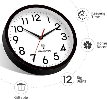 Atomic Wall Clock Analog 14 Inch Battery Operated Modern Decorative for Living Room Kitchen Office Bedroom Bathroom(Black)