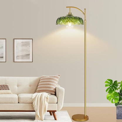Gold Floor Lamp for Living Room,Bedroom,Mid Century Modern Standing Lamp with Remote,Dimmable Brass Tall Lamp Green Glass Lamp Shade Vintage Retro Arc Floor Lamps Floor Light Boho Bohemian