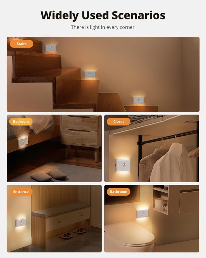 wowatt Rechargeable Motion Sensor Stair Light, Whtie Automatic Lights with Magnetic Mount, Dimmable Step Lights Indoor for Stairway, Hallway, Kitchen, Bathroom(8 Packs)