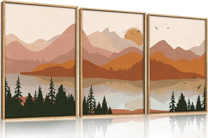 HLNIUC Boho Mountain Burnt Orange Wall Art Framed, Mid Century Modern Terracotta Wall Decor 24x36, Southwest Sunset 3 Piece Canvas Painting, Large Nature Picture for Living Room, Bedroom, Office
