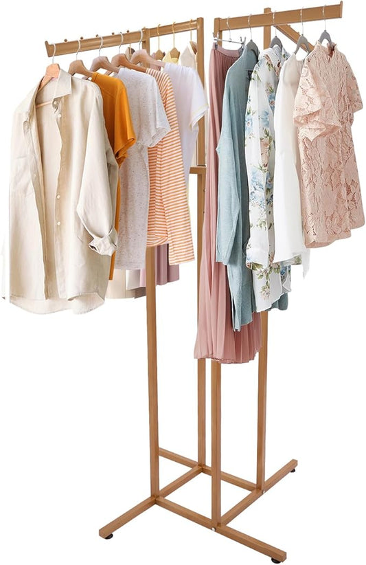 Clothing Rack - Heavy Duty 4 Way Adjustable Clothing Rack with Slanted Arms, Retail Clothing Rack Display With 2 Straight Arms and 2 Slanted Arms Perfect for Clothing Store Display (Gold)