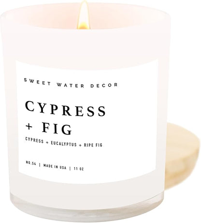 Sweet Water Decor Cypress and Fig Soy Candle | Tropical fruits, Wild Raspberry, Ripe Fig and Eucalyptus Holiday Scented Candles for Home | 11oz White Jar + Wood Lid, 50+ Hour Burn Time Made in the USA