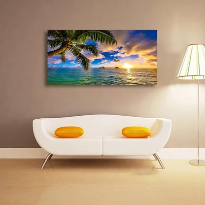 Seascape Sunset Pictures Canvas Wall Art For Living Room Bedroom Wall Decor,Palm Wall Art Print Paitnings For Home Decor,Morden Artwork Coconut Tree Canvas Art Waterproof Ready To Hang-24x48 Inches