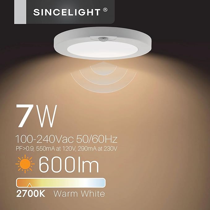 SINCELIGHT PIR Motion Sensor 7W LED Ceiling Light (Φ6''/146mm), Automatically ON/Off, Movement Activated, Warm White 2700K, Surface/Flush Mount for Closet,Cabinet,Hallway, Damp Use, Pack of 1