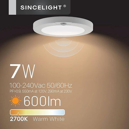 SINCELIGHT PIR Motion Sensor 7W LED Ceiling Light (Φ6''/146mm), Automatically ON/Off, Movement Activated, Warm White 2700K, Surface/Flush Mount for Closet,Cabinet,Hallway, Damp Use, Pack of 1