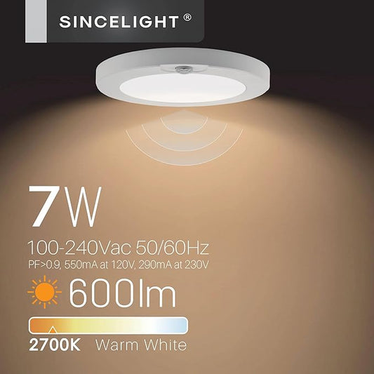 SINCELIGHT PIR Motion Sensor 7W LED Ceiling Light (Φ6''/146mm), Automatically ON/Off, Movement Activated, Warm White 2700K, Surface/Flush Mount for Closet,Cabinet,Hallway, Damp Use, Pack of 1