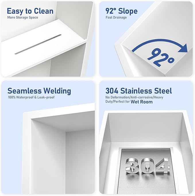 Stainless Steel Shower Niche 30" X 12" White with 3-Tiers Shelves No Tile Needed Niche Shower for Bathroom Storage Recessed Shower Shelves Over Mount Installation