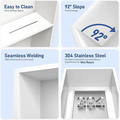 Stainless Steel Shower Niche 30" X 12" White with 3-Tiers Shelves No Tile Needed Niche Shower for Bathroom Storage Recessed Shower Shelves Over Mount Installation