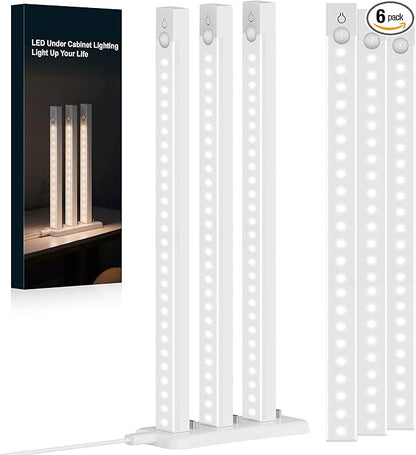 6-Pack Under Cabinet Lighting with Charging Station 12 in Rechargeable Motion Sensor Light Indoor, 3 Color Dimmable Closet Light Battery Operated, USB Stick on LED Magnetic Lights for Kitchen