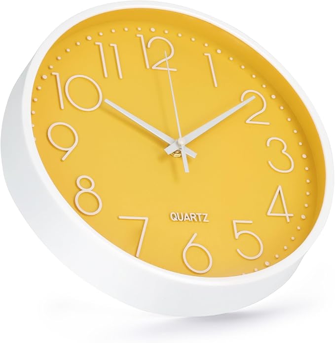 Wall Clock 10 Inch Non-Ticking Silent Modern Simple Style Round Decor Clock Yellow Stereoscopic Dial Quartz Wall Clocks for Home/Office/School/Living Room/Bedroom/Kitchen
