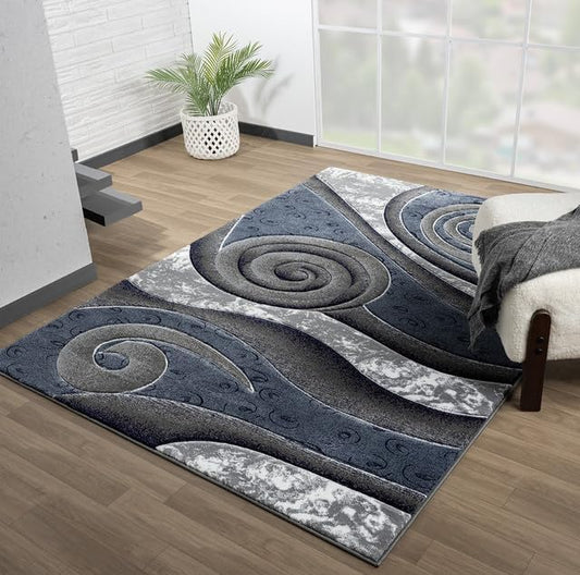 Ultra Soft Area Rug Hand Carved - Modern Abstract Design for Indoor Living Room & Bedroom - Stain Resistant, Easy to Clean - (5x7, Blue)